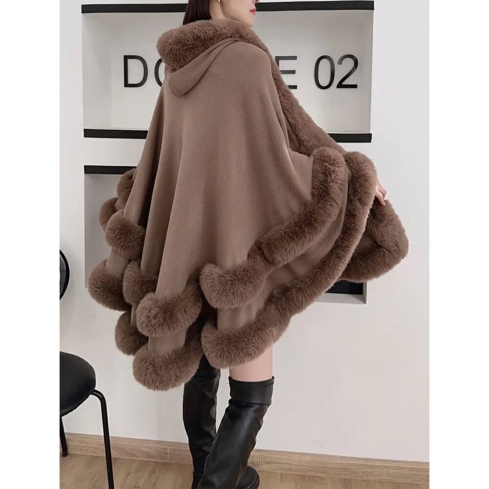 NWT Gorgeous OS Soft Knit Fur Trim Brown Open Hooded Hood Ruana Cape Poncho - Picture 6 of 13